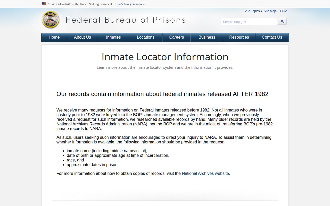 Federal Bureau of Prisons release locator record for a Beaufort County inquiry