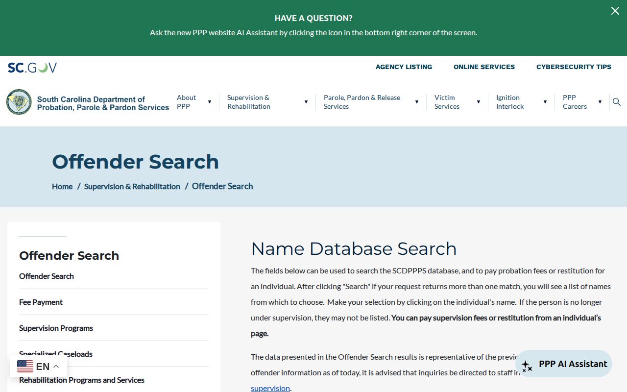 SCDPPPS offender search for parole and probation supervision