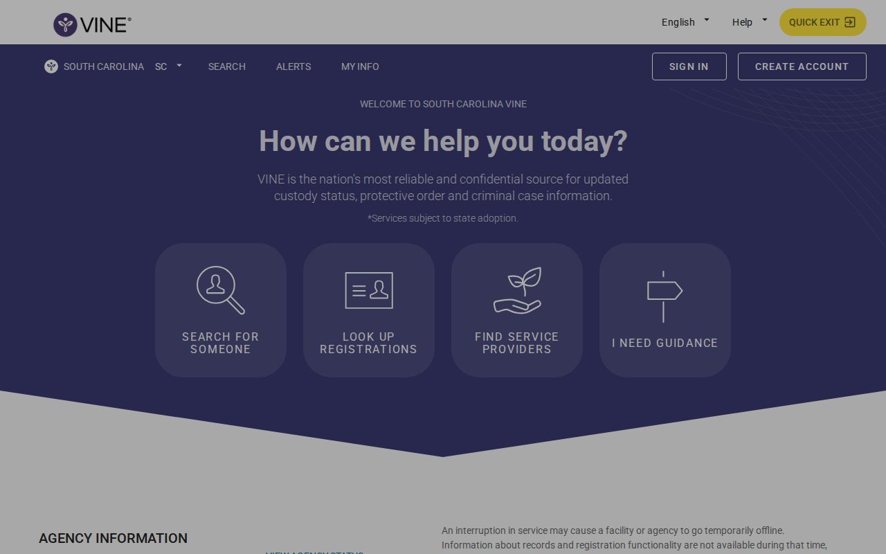 South Carolina VINELink inmate search screen